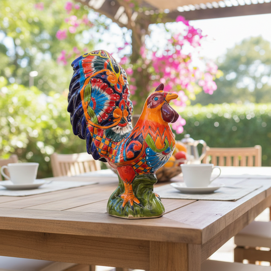 The Talavera Hub large ceramic rooster statue, hand-painted with vibrant floral details in orange, yellow, red, blue, and green.