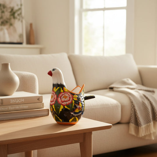 The Talavera Hub large ceramic dove planter, hand-painted with vibrant flowers and a hummingbird on a black background.