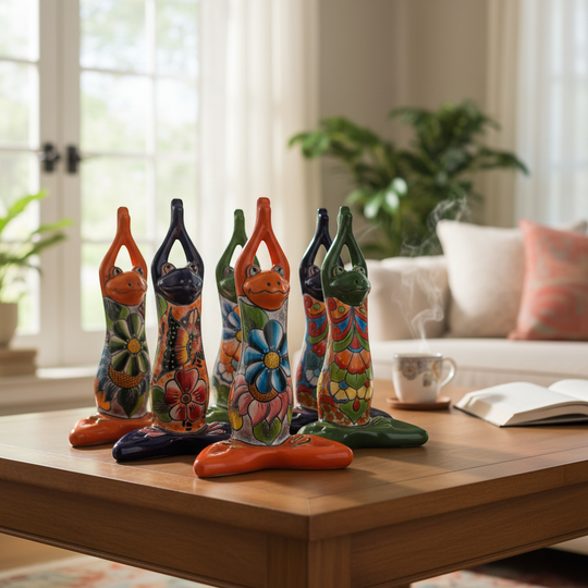 The Talavera Hub large ceramic frog statue in yoga pose, hand-painted with vibrant floral Talavera patterns.