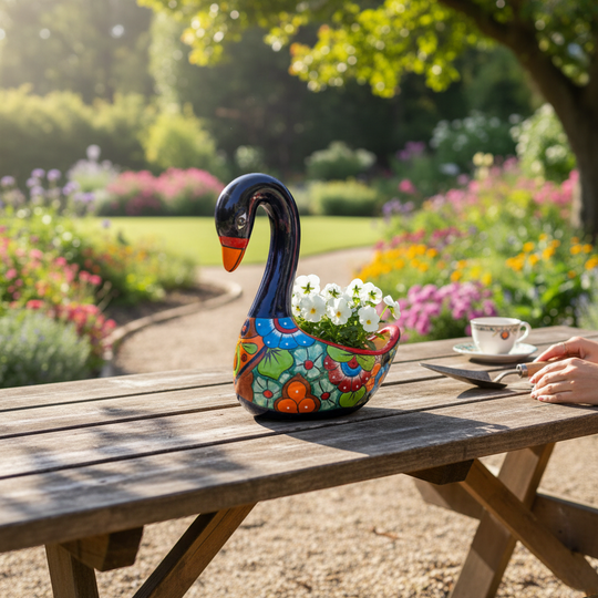 The Talavera Hub large blue ceramic swan planter, hand-painted with colorful floral designs and an orange beak.