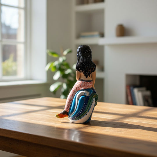 The Talavera Hub hand-painted pottery mermaid figurine with floral tail, coral top, black hair, holding yellow fish on blue waves.
