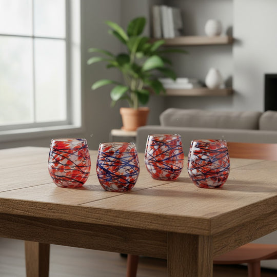 The Talavera Hub hand-blown stemless wine glasses with orange, blue, and white swirl pattern. Set of 6.
