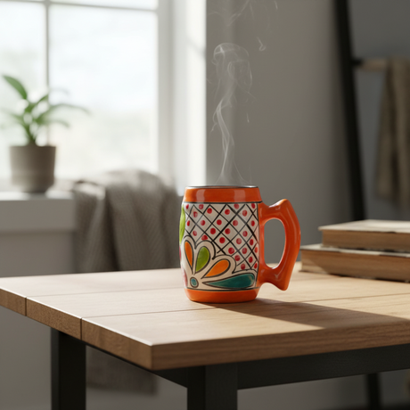 The Talavera Hub orange ceramic coffee mug with colorful floral and geometric Talavera patterns. Handcrafted in Mexico.