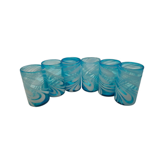 The Talavera Hub Handcrafted Mexican teal and white swirl glass tumblers, 12 oz, lead-free glass.