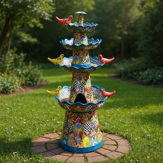 The Talavera Hub multicolor ceramic garden fountain with birds, floral and geometric motifs, and a light blue rim.