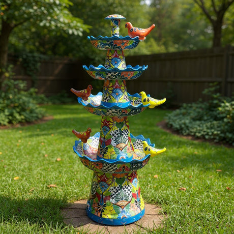 The Talavera Hub multicolor ceramic garden fountain with bird accents, hand-painted floral motifs, and a light blue rim.