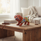 The Talavera Hub handmade medium dog statue, orange with colorful floral Talavera patterns, blue eyes, grey snout.