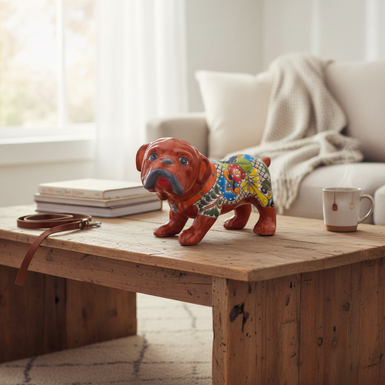The Talavera Hub handmade medium dog statue, orange with colorful floral Talavera patterns, blue eyes, grey snout.