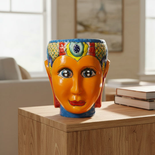 The Talavera Hub hand-painted Talavera face planter, orange ceramic with colorful headdress and blue base.