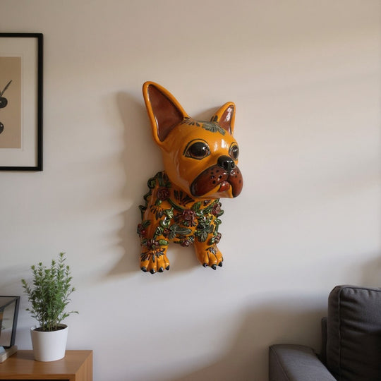 The Talavera Hub orange French Bulldog statue with floral Talavera pattern, handcrafted ceramic, medium size.