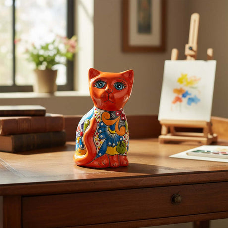 The Talavera Hub hand-painted ceramic cat statue with blue eyes, orange body, and colorful floral folk art designs.