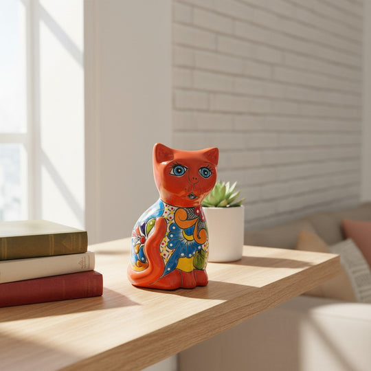 The Talavera Hub hand-painted orange ceramic cat statue with blue, yellow, and floral designs. Medium size.