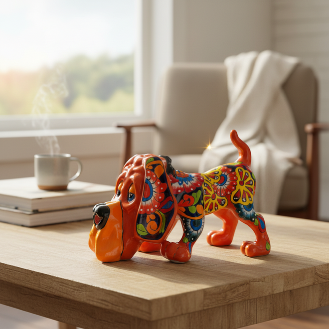 The Talavera Hub orange ceramic dog statue, hand-painted with colorful floral patterns. Lead-free glaze.