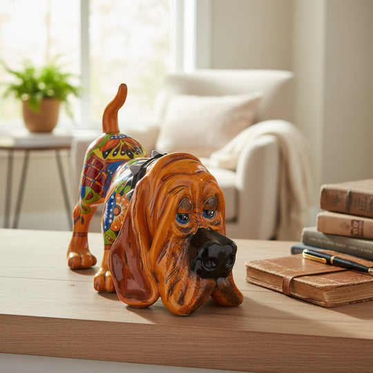 The Talavera Hub orange hound dog statue with colorful floral and butterfly patterns. Handcrafted Mexican art.