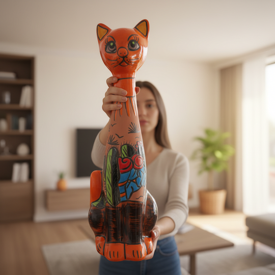 The Talavera Hub orange ceramic cat statue with desert design, featuring cacti and sun motifs. Handcrafted in Mexico.