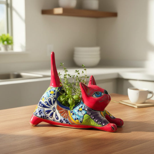 The Talavera Hub red ceramic cat planter with hand-painted floral designs in blue, yellow, and green.