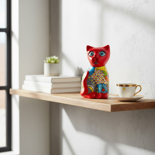 The Talavera Hub hand-painted red ceramic cat statue with blue, yellow, and gray floral designs. Features large blue eyes.