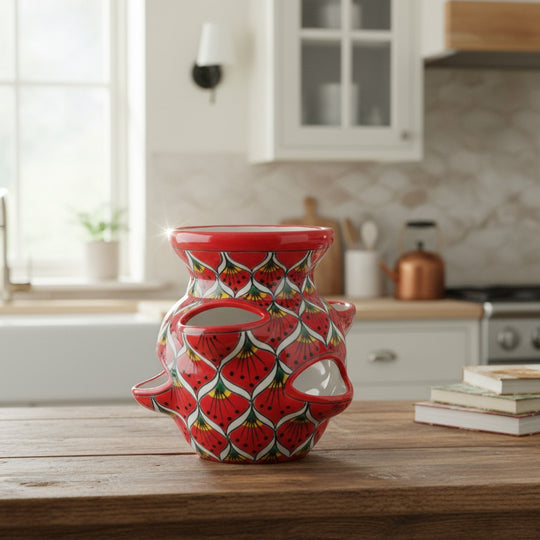The Talavera Hub red ceramic strawberry planter with peacock design and side pockets. Handmade in Mexico.
