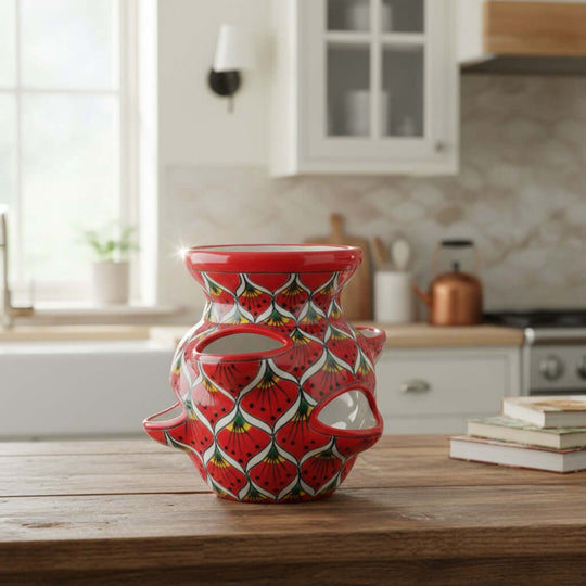 The Talavera Hub red ceramic strawberry planter with peacock design and side pockets. Handmade in Mexico.