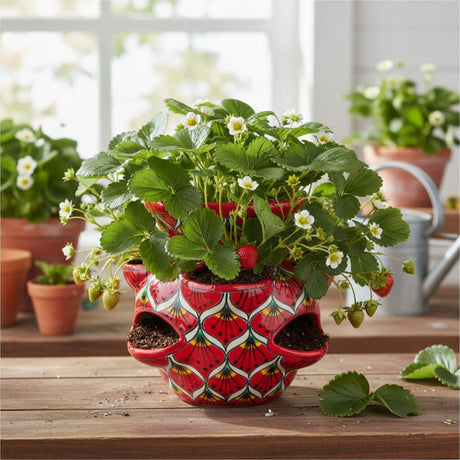 The Talavera Hub red ceramic strawberry planter with peacock design and side pockets, holding strawberry plants.