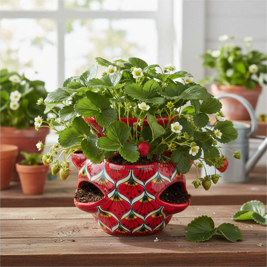 The Talavera Hub red ceramic strawberry planter with peacock design and side pockets, holding strawberry plants.