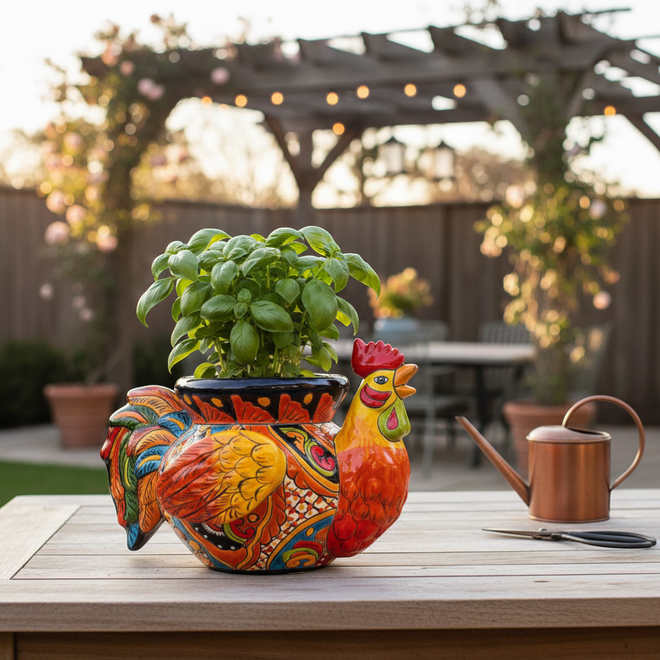 Handcrafted Talavera Rooster Planter Bright Color