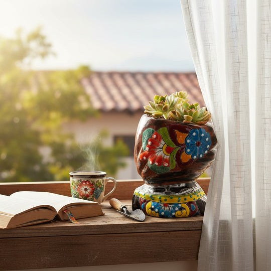 The Talavera Hub hand-painted ceramic skull girl planter with colorful flowers and Day of the Dead motifs.
