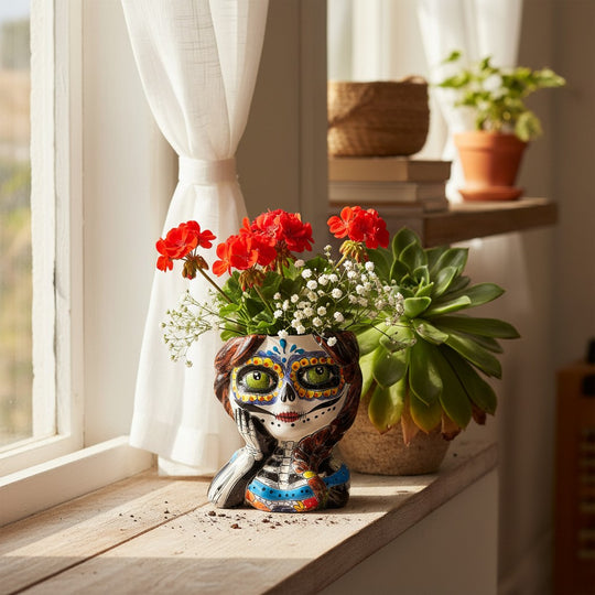 The Talavera Hub hand-painted ceramic skull girl planter with braided hair and Day of the Dead face paint.