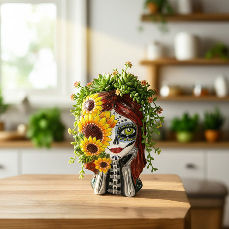 The Talavera Hub hand-painted ceramic skull planter with sunflowers and Day of the Dead design. Features green eyes, red lips, and a skeleton motif.