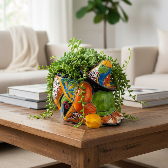 The Talavera Hub colorful ceramic planter shaped like a sleeping man in a sombrero, hand-painted with orange, blue, green, and red.