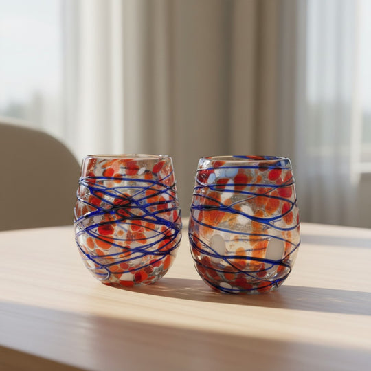 The Talavera Hub hand-blown stemless wine glasses with orange, red, and blue swirl pattern and blue web overlay.