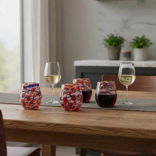 The Talavera Hub hand-blown stemless wine glasses with orange, blue, and white swirl pattern. Set of 6.