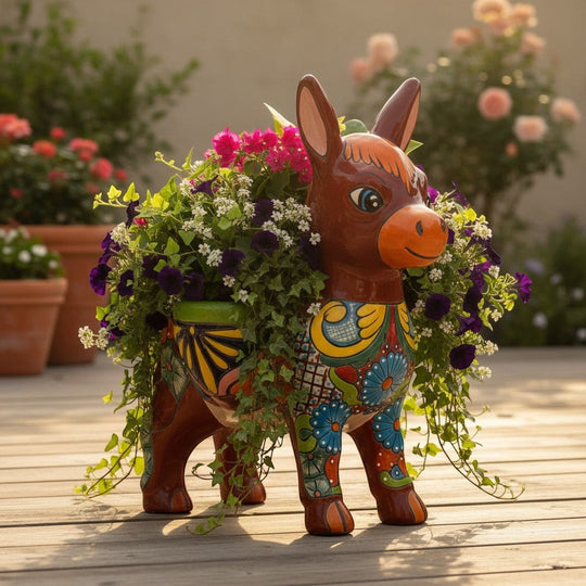 The Talavera Hub hand-painted ceramic donkey planter with colorful floral designs and two openings for plants.