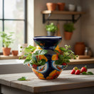 The Talavera Hub ceramic strawberry planter with sunflower and lily design in orange, yellow, blue, and green.