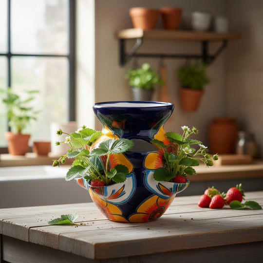 The Talavera Hub ceramic strawberry planter with sunflower and lily design in orange, yellow, blue, and green.