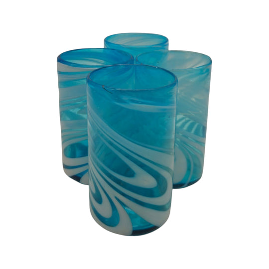 The Talavera Hub handcrafted teal and white swirl glass tumblers. Set of 4, 12 oz, lead-free glass.