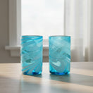 The Talavera Hub handcrafted teal and white swirl glass tumblers, 12 oz, lead-free glass.