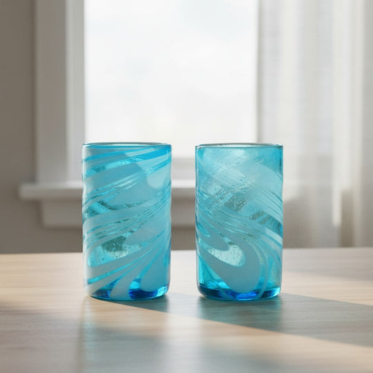 The Talavera Hub handcrafted teal and white swirl glass tumblers, 12 oz, lead-free glass.