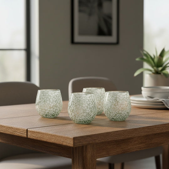 The Talavera Hub white pebbled wine glass, hand-blown Mexican stemless glassware, 12 oz capacity.