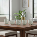 The Talavera Hub white pebbled wine glass, hand-blown stemless glassware with frosted texture, set of 6.
