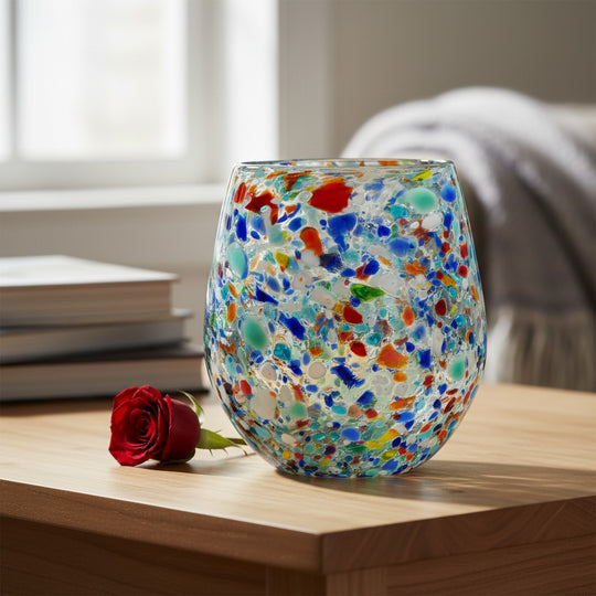 The Talavera Hub XL stemless wine glass with colorful confetti rock design, made of lead-free glass.