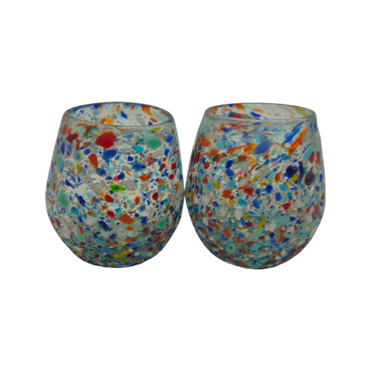 The Talavera Hub XL stemless wine glasses with colorful confetti rock design, hand-blown glass, 24 oz capacity.