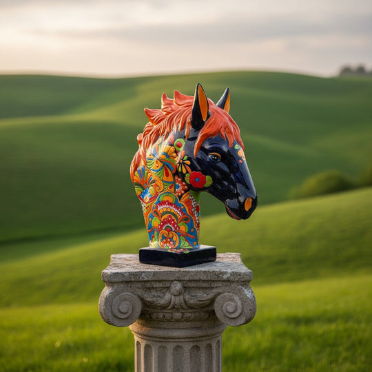 The Talavera Hub XL navy blue ceramic horse head statue with vibrant orange mane and multicolor floral Talavera patterns.