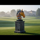 The Talavera Hub XL horse head statue, handmade ceramic with orange glaze, black mane, and colorful floral Talavera patterns.