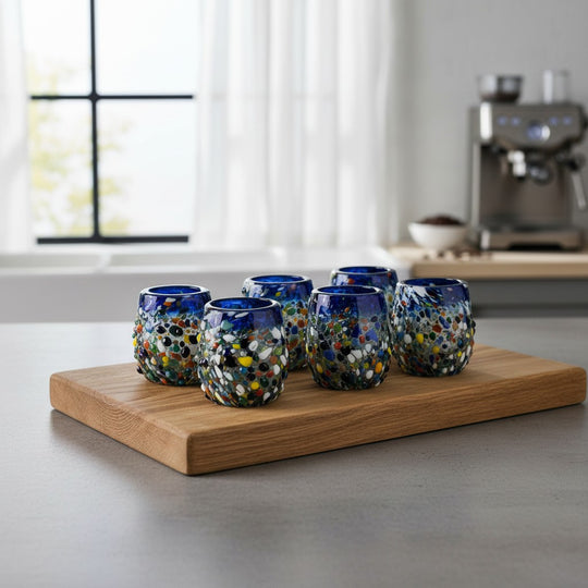 The Talavera Hub Confetti Rimmed Shot Glass with blue rim and multicolor confetti glass. Hand-blown recycled glass.