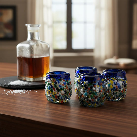 The Talavera Hub Confetti Rimmed Shot Glass with blue rim and multicolor confetti glass. Hand-blown recycled glass.
