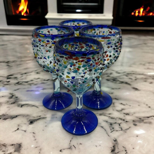 Vibrant Hand Blown Mexican Wine Glasses | Blue Rim Confetti