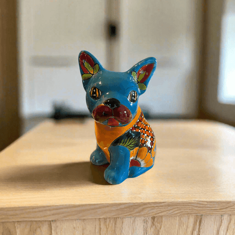 Vibrant Handcrafted Talavera French Bulldog Statue | Unique Medium Dog Sculpture - hand-painted blue and orange Talavera ceramic French bulldog