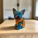 Vibrant Handcrafted Talavera French Bulldog Statue | Unique Medium Dog Sculpture - hand-painted blue and orange Talavera ceramic French bulldog