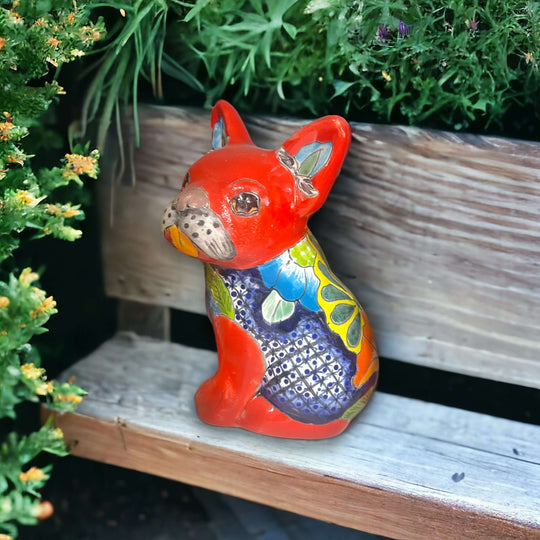 Vibrant Handcrafted Talavera French Bulldog Statue | Unique Medium Dog Sculpture - colorful handcrafted Talavera French bulldog on wooden bench